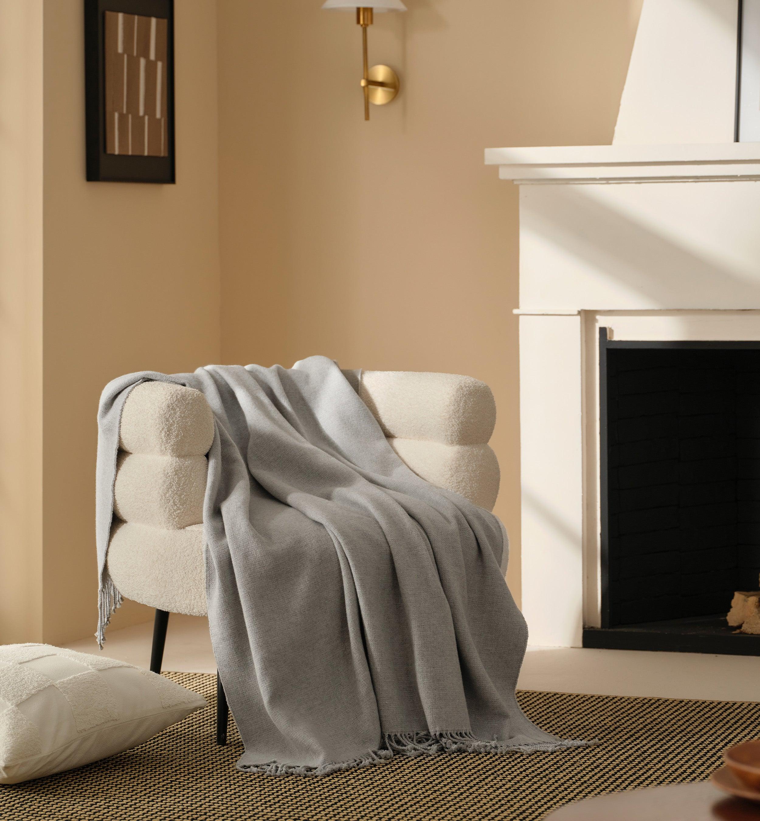 Heathered Mongolian Cashmere Cotton Fringe Throw Blanket