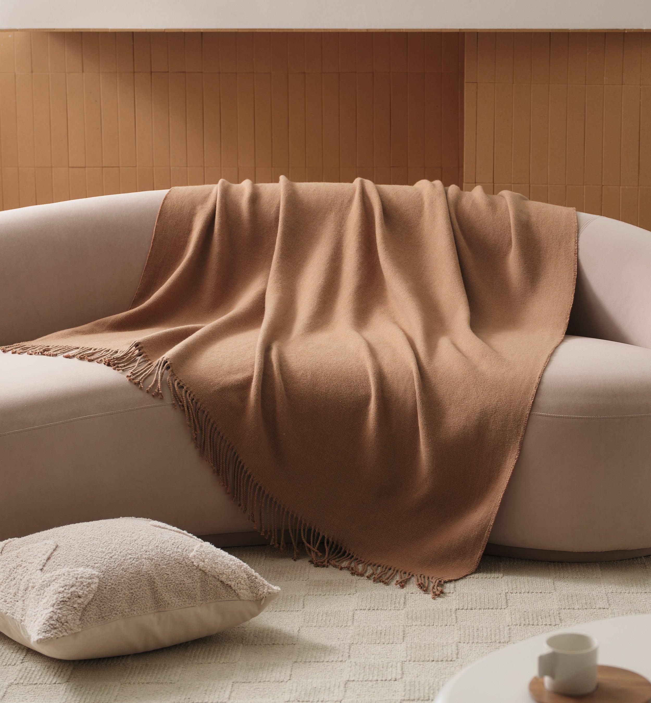 Heathered Mongolian Cashmere Cotton Fringe Throw Blanket