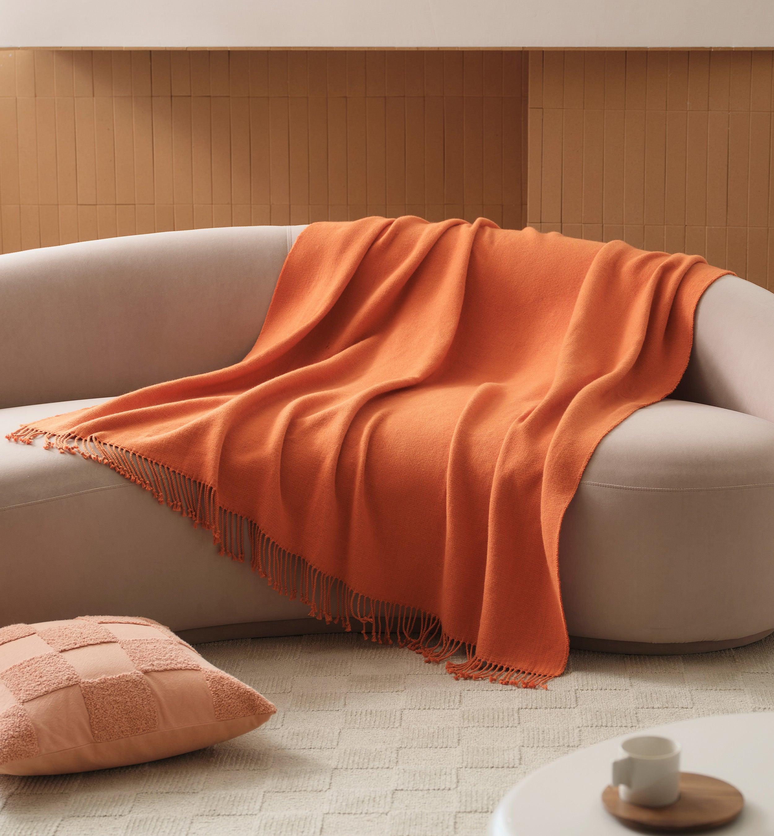 Heathered Mongolian Cashmere Cotton Fringe Throw Blanket